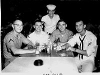 1961 West Pac Cruise - Lee Koski Photo  Subic Bay EM Club        Roger Beukema, Joe Hale, Lee Koski, Marine names unknosn